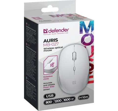 Mysz bezprzewodowa silent click AURIS MB-027 800/1200/1600 DPI biała Defender