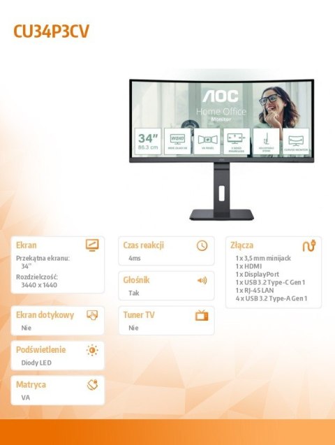 Monitor CU34P3CV 34 cale 100Hz Curved VA HDMI DP RJ45 USB-C AOC