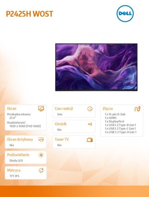 Monitor 23.8 cala P2425H WOST IPS 1920x1080/16:9/DP/HDMI/USBC/VGA/USB/No stand/3Y Dell