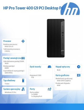 Komputer Pro Tower 400 G9 PCI i5-14500 1TB/16/W11P 9H7N0ET HP Inc.