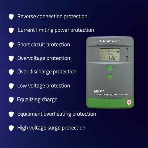 Solarny regulator ładowania MPPT z czujnikiem temperatury 30A | 12V/24V | LCD | 2xUSB | Bluetooth | APP | GEL | LiFePO4 Qoltec