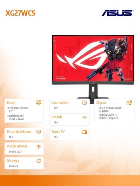 Monitor 27 cali XG27WCS DP+HDMI+TYPE C Asus