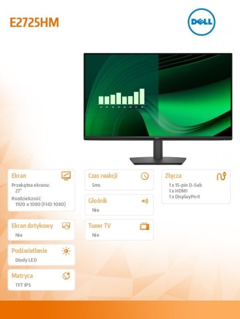 Monitor E2725HM 27 LED VA 1920x1080/16:9/DP/VGA/HDMI/3Y Dell