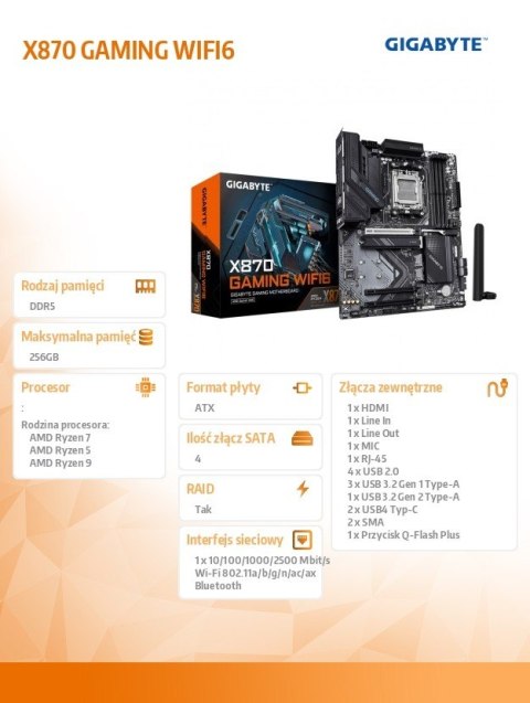Płyta główna X870 GAMING WIFI6 AM5 4DDR5 HDMI/USB-C ATX Gigabyte