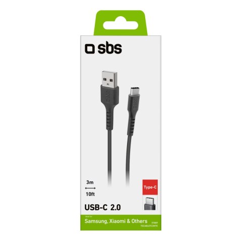Kabel przewód USB-A - USB-C 3m - czarny SBS
