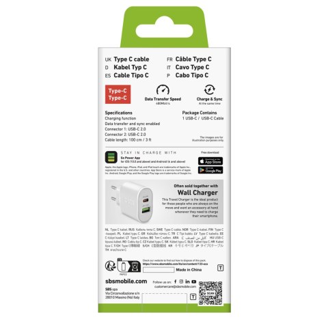 Kabel przewód USB-C PD 25W 1 m - biały SBS