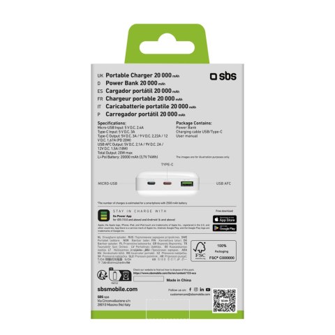 Powerbank 20000 mAh PD MicroUSB USB-C USB-A 20W - biały SBS