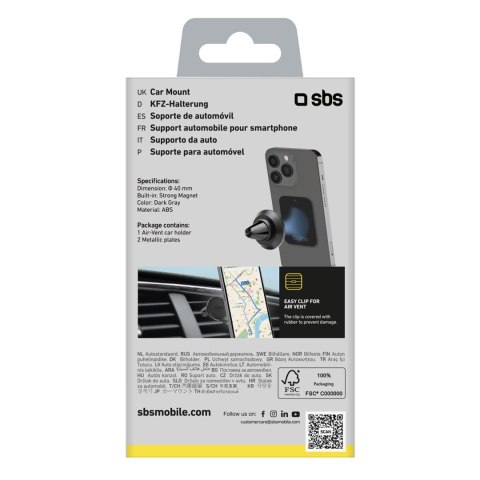 Uchwyt samochodowy magnetyczny na smartfona śr. 40 mm na kratkę nawiewu - czarny SBS