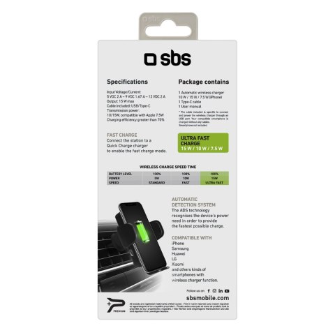 Uchwyt samochodowy na smartfona z ładowarką bezprzewodową na kratkę nawiewu - czarny SBS