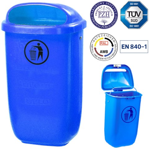 Kosz uliczny miejski pojemnik na śmieci na słupek lub ścianę DIN 50L - niebieski Europlast Austria