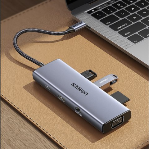 HUB Adapter USB-C - 3x USB-A 3.0 / HDMI / VGA / RJ45 / czytnik kart SD / TF / USB-C PD - szary UGREEN