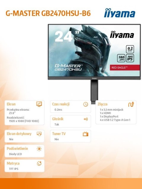 Monitor 24 cale GB2470HSU-B6 0.2ms,IPS,DP,HDMI,180Hz IIYAMA
