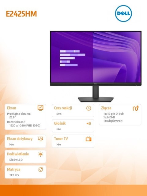 Monitor E2425HM 23.8 cala VA LED Full HD (1920x1080)/16:9/DP/HDMI/VGA/5Y Dell