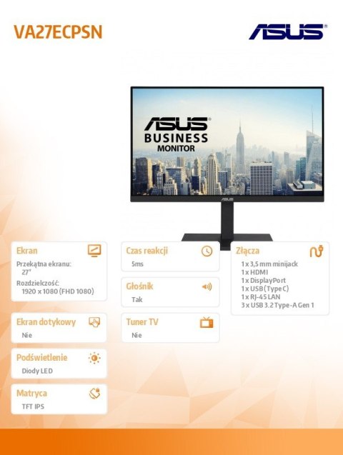 Monitor 27 cali VA27ECPSN DP, HDMI, TYPEC, 3XUSB, RJ45, GŁOŚNIKI Asus