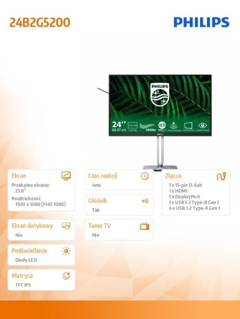 Monitor 23.8 cala 24B2G5200 IPS 100Hz HDMI DP Pivot Głośniki Philips