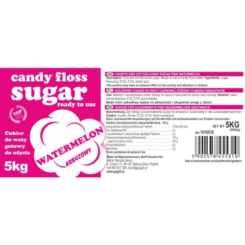 Kolorowy cukier do waty cukrowej czerwony o smaku arbuzowym 5kg GSG24