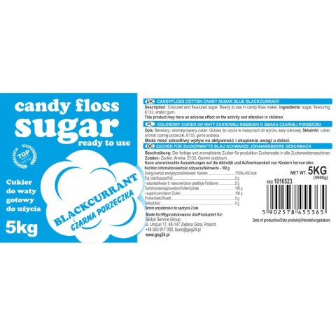 Kolorowy cukier do waty cukrowej niebieski o smaku czarnej porzeczki 5kg GSG24