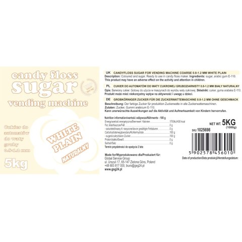 Cukier do automatu do waty cukrowej granulacja 0.8-1.2mm smak naturalny BIAŁY 5kg GSG24