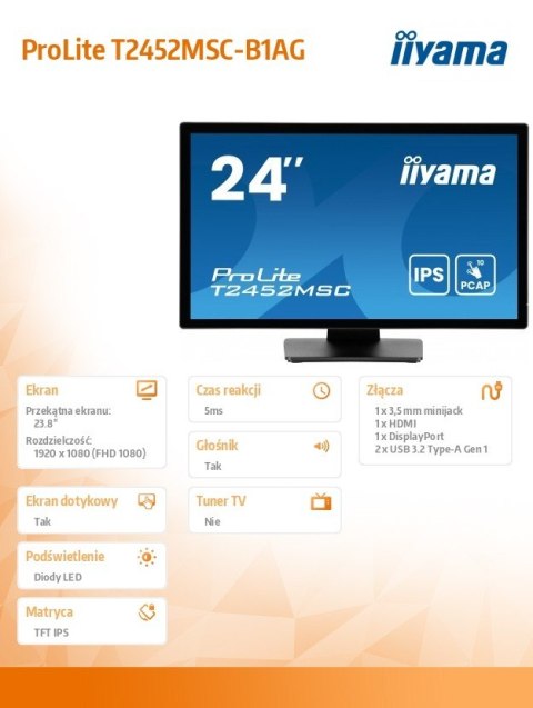 Monitor 24 cale T2452MSC-B1AG 10 PKT. POJ,IPS,HDMI,DP,2x1W,7H,2xUSB, 400cd/m2,AG-(Anti Glare) IIYAMA