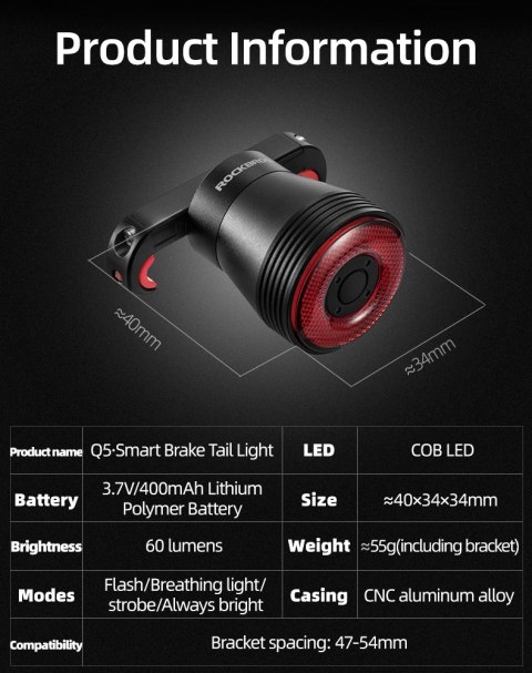 Lampka rowerowa tylna z inteligentnym systemem stop Q5 - czarna ROCKBROS