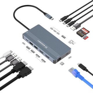 14w1 HUB do 3 monitorów USB-A USB-C DisplayPort HDMI RJ45 SD TF mini jack - szary WOZINSKY