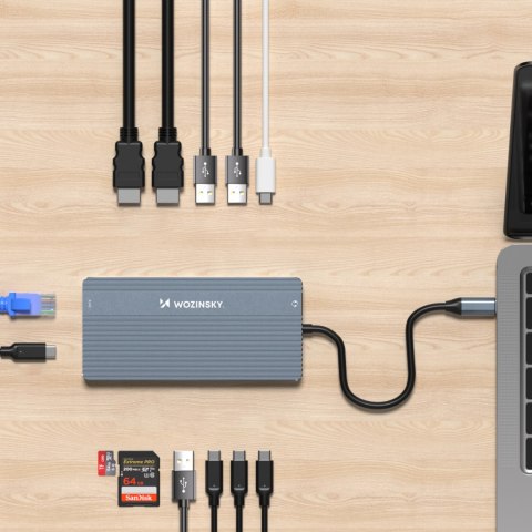 14w1 HUB do 3 monitorów USB-A USB-C DisplayPort HDMI RJ45 SD TF mini jack - szary WOZINSKY