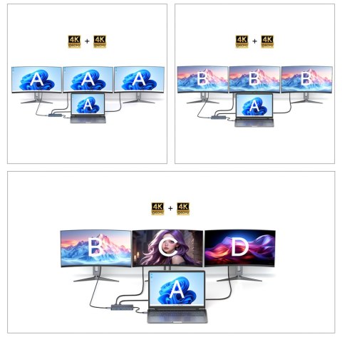 14w1 HUB do 3 monitorów USB-A USB-C DisplayPort HDMI RJ45 SD TF mini jack - szary WOZINSKY