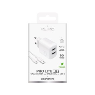 Ładowarka sieciowa 2x USB-A PROLITE 10W z kablem USB-A - USB-C 1.2m - biała PURO