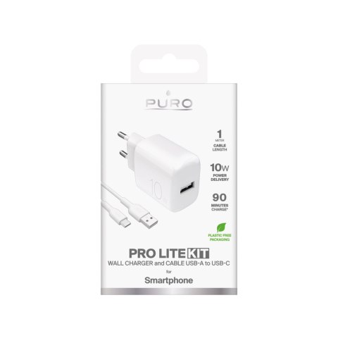 Ładowarka sieciowa USB-A PROLITE 10W z kablem USB-A - USB-C 1.2m - biała PURO