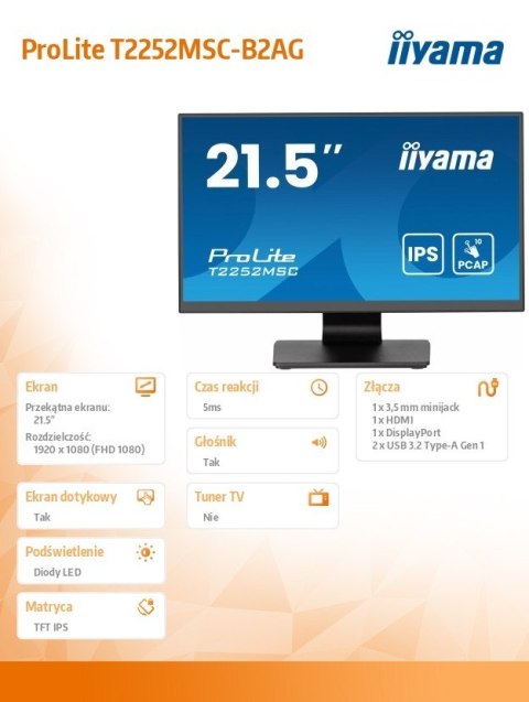 Monitor 22 cale T2252MSC-B2AG 10 PKT. POJ,IPS,HDMI,DP,2x1W,7H,2xUSB, AG-(Anti Glare) IIYAMA