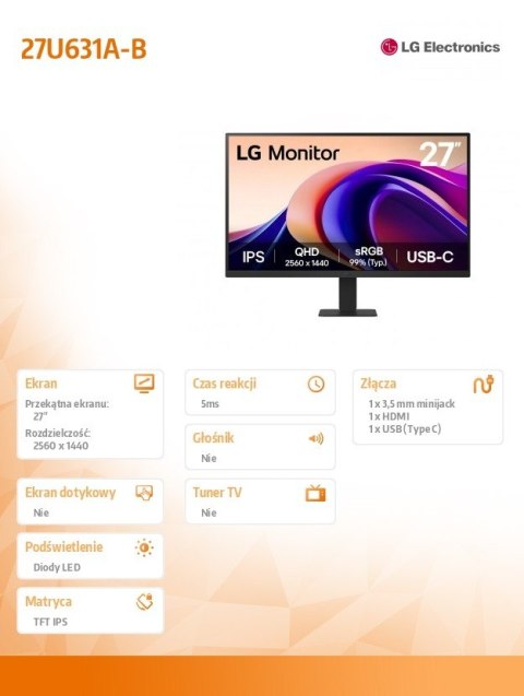 Monitor 27U631A-B QHD 100Hz IPS HDR10 27 cali LG Electronics