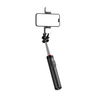 Selfie stick teleskopowy z pilotem + 2x lampka LED stojak tripod na telefon 1.3m - czarny HURTEL
