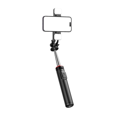 Selfie stick teleskopowy z pilotem + 2x lampka LED stojak tripod na telefon 1.3m - czarny HURTEL