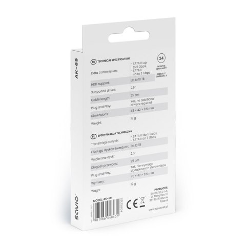 Adapter USB-C 3.1 Gen 1 (M) - SATA (F) do dysków 2.5 cala, AK-69 Savio
