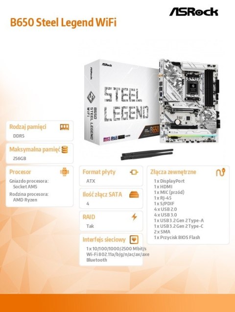 Płyta główna B650 STEEL LEGEND WIFI AM5 4DDR5 HDMI/DP M.2 ATX ASRock