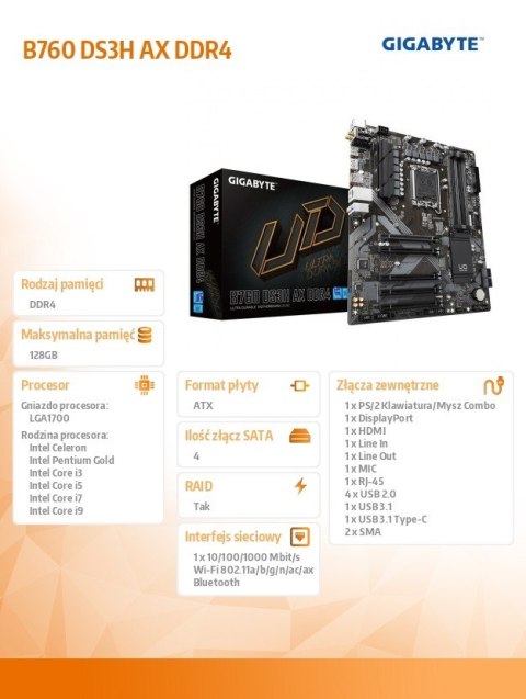 Płyta główna B760 DS3H AX DDR4 s1700 4DDR4 DP/HDMI ATX Gigabyte