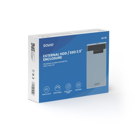 Zewnętrzna obudowa na dysk HDD/SSD 2.5", USB 3.0, AK-66, transparentna Savio