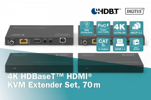 Przedłużacz/Extender KVM HDMI+USB HDBaseT 70m 4K30Hz HDCP 2.2 PoC (Power over Cable) audio IR zestaw Digitus