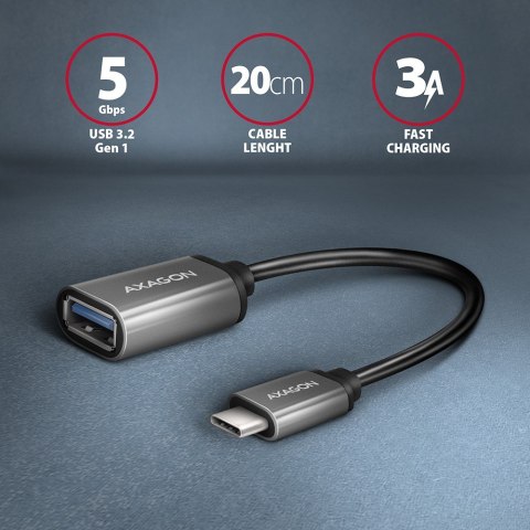 RUCM-AFAC Kabel adapter USB 3.2 Gen 1 Type-C samiec -> Type-A żeńska, 0,2m, 3A, ALU AXAGON