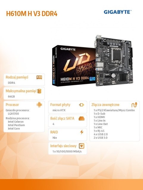Płyta główna H610M H V3 DDR4 s1700 2DDR4 HDMI USB mATX Gigabyte