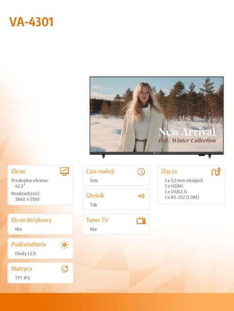 Monitor wielkoformatowy VA-4301 CZARNY 350cd/m2 1200:1 16/7 AG NEOVO