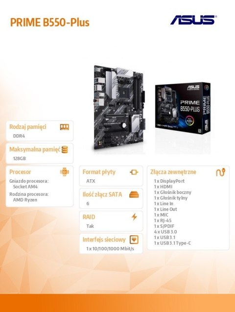Płyta główna PRIME B550-PLUS AM4 4DD R4 HDMI/DP M.2 ATX Asus