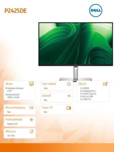 Monitor 23.8 cala P2425DE IPS LED QHD (2560x1440)/16:9/HDMI/2xDP/2xUSB-C/3xUSB/3Y AES&PPG Dell