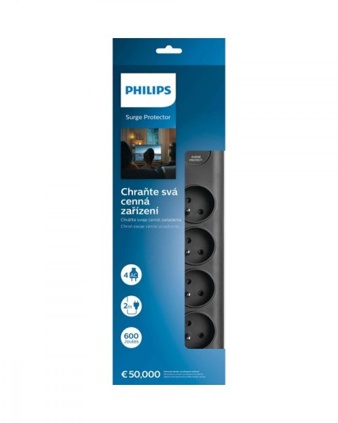 Listwa antyprzepięciowa SPN7040BA/60 4 gniazda AC, 2m Czarna Philips