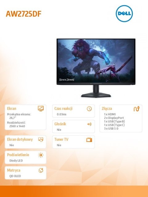 Monitor AW2725DF 27 cali AMD FreeSync/QD-OLED/360Hz/QHD(2560x1440)/16:9/DP/HDMI/USB-C/USB/3Y Dell