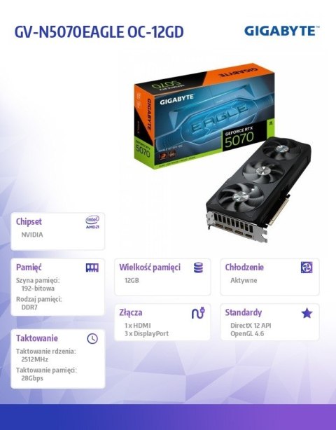 Karta graficzna GeForce RTX 5070 EAGLE OC SSF 12GB 192bit 3DP/HDMI Gigabyte
