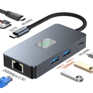 Adapter HUB USB C (7w1) HDMI USB SD/TF RJ45 (2500 Mbps) PD TB
