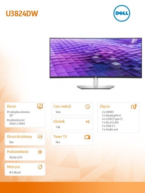 Monitor zakrzywiony 38 cali U3824DW 21:9/3840x1600/3Y PPG Dell