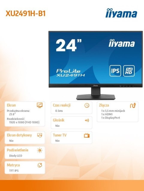 Monitor 24 cale XU2491H-B1 IPS, HDMI, DP, 0,5ms, 300cd IIYAMA