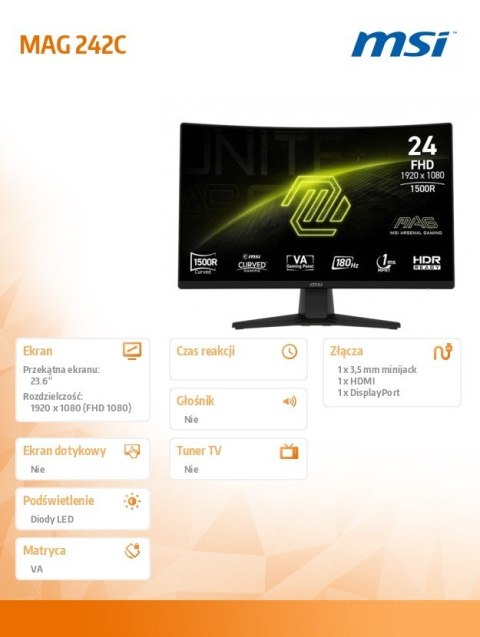Monitor MAG 242C 23.6 cala/LED/FHD/Curved/180Hz/czarny MSI